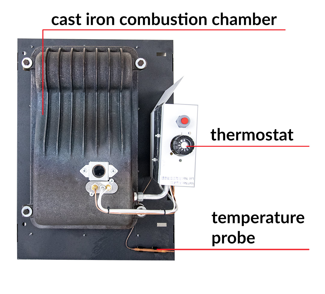 Gas cylinder heater with thermostat and cast iron combustion chamber